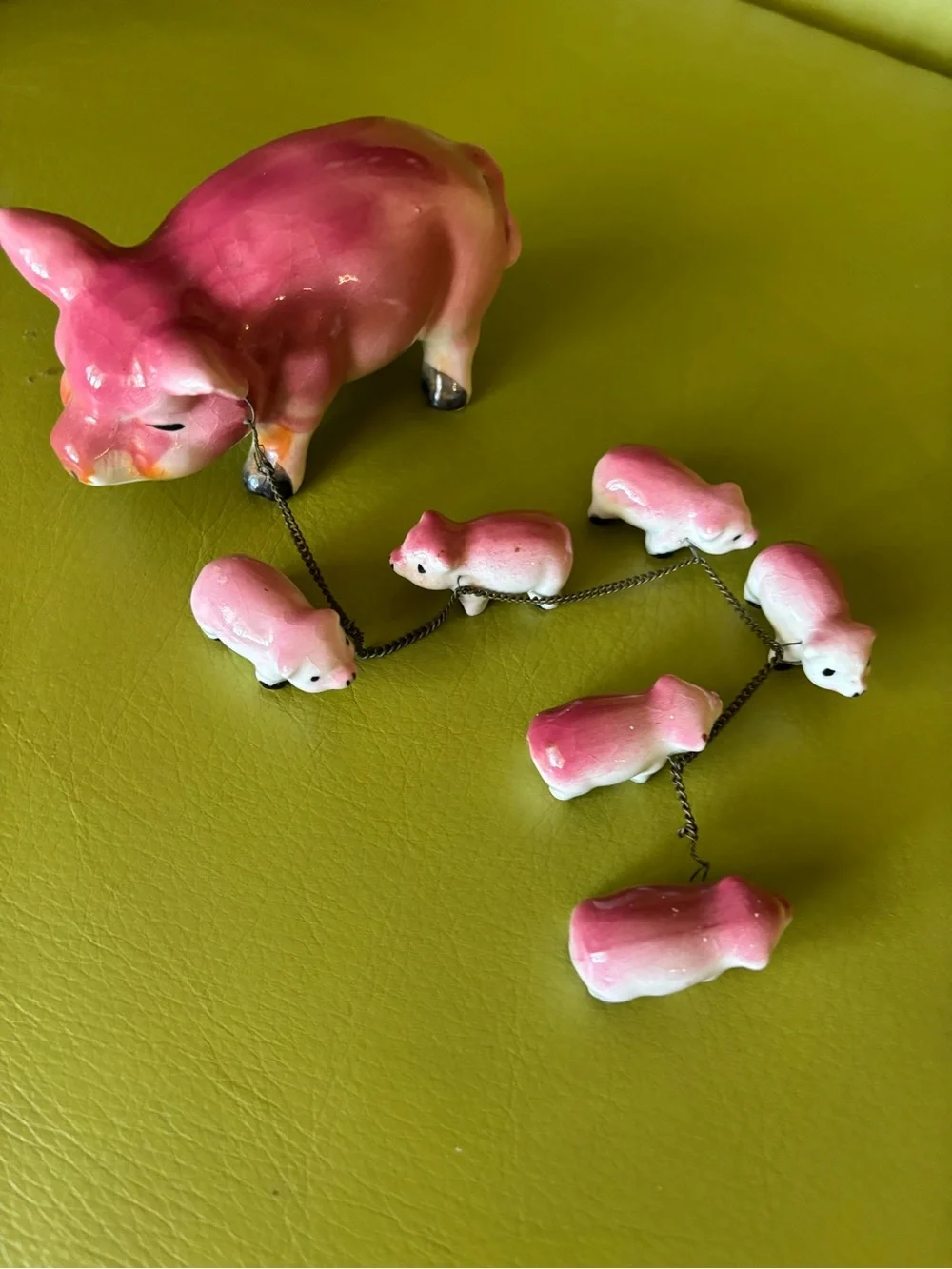 Vintage Porcelain Mama Pig & 7 Piglets on Chain Figurine Farm Animal Family